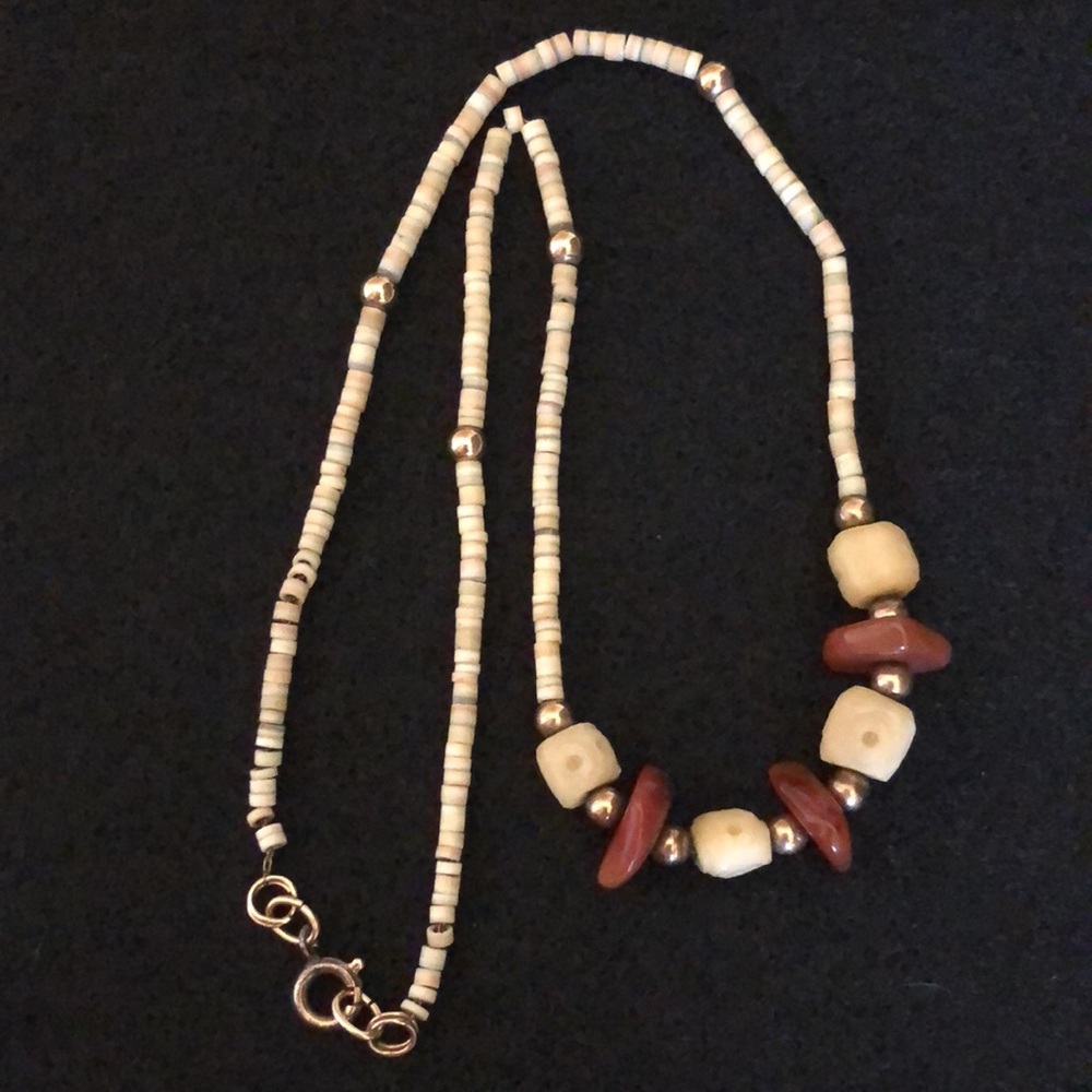 VTG  Gold,Bone and Stone Beaded Necklace Natural Tones 
Stamped 1/20 12KG Filled